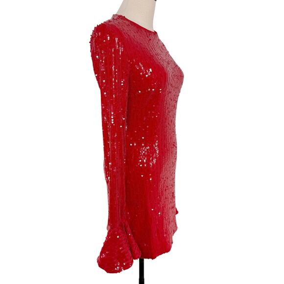 NWT ROTATE Birger Christensen Sequins Long Sleeve Mini Dress Red Cocktail Size 4 - Picture 6 of 16